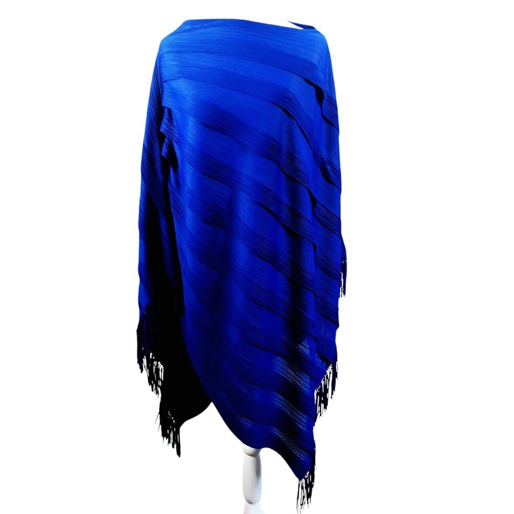 Chico's Travelers, Royal Blue Poncho Plisse Fabric Lightweight Fringe Hem S/M